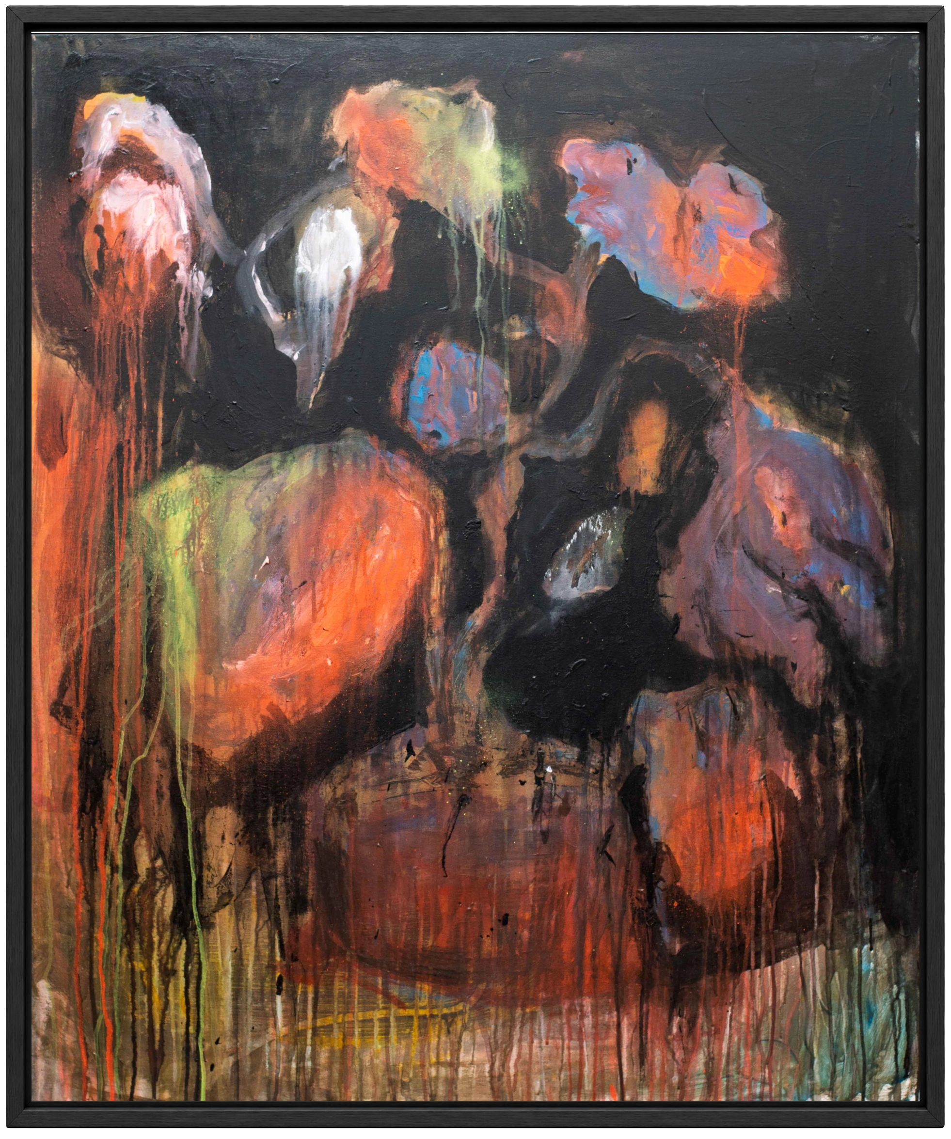 Bouquet arancio, rosa e viola su fondo scuro, con cornice nera opaca