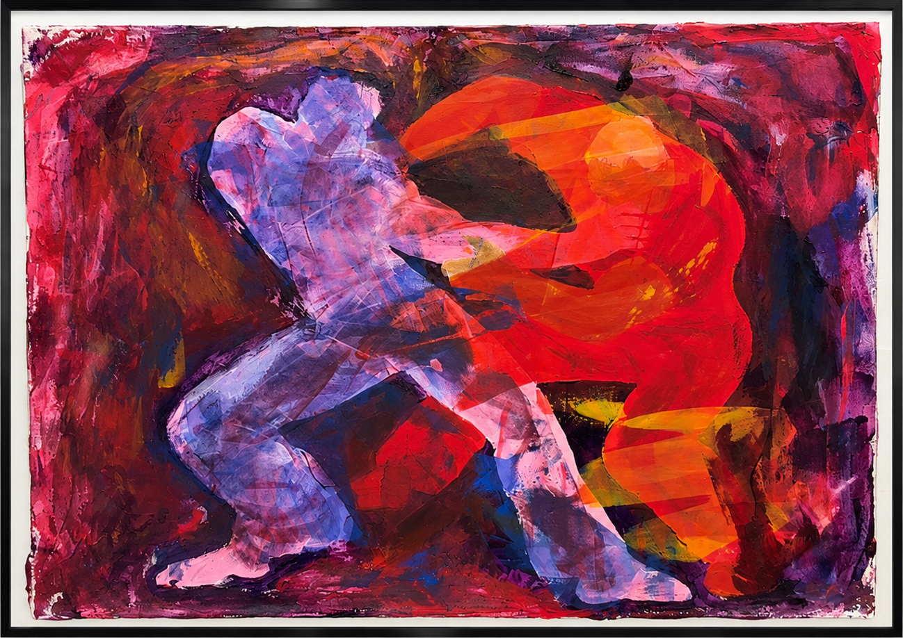 Due figure lilla e rosso-arancio su fondo rosso, con cornice nera